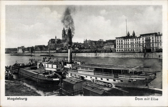 Ak Magdeburg in Sachsen Anhalt, Blick auf den Dom mit Elbe, Dampfer, Ufer