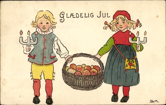 Artist Postcard Kock, S., congratulations Christmas, children, candles, basket with fruit