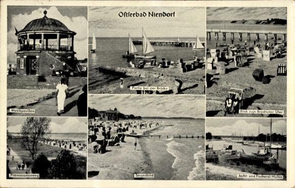Ak Ostseebad Niendorf Timmendorfer Strand, Musikpavillon, Partie bei der Brücke, Strandbild, J...