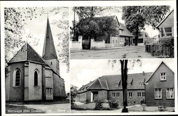 Ak Menslage in Nedersaksen, kerk, school, hoofdstraat