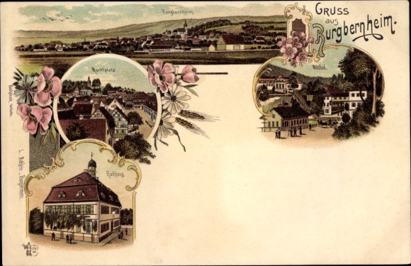Chromo-Litho Burgbernheim in the Frankenhöhe Bavaria, market square, town hall, wild pool, city view
