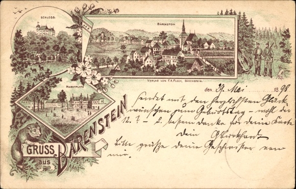Chromo-Litho Bärenstein Altenberg Erzgebirge, castle, market square, total view