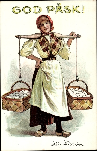 Artist PC Nyström, J., Happy Easter, woman in costume, Easter eggs, baskets