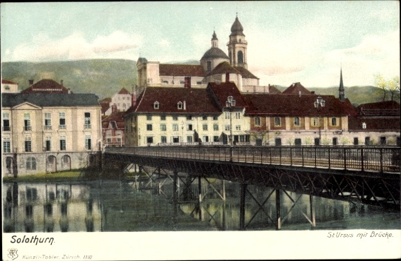Postcard Solothurn city Switzerland, St. Ursus with bridge, river, building,
