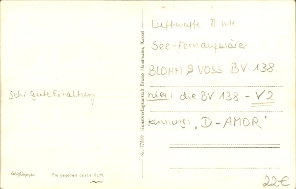 Postcard German Air Force, maritime long-range explorer Blohm & Voss Ha 138, BV 138 V2, D-AMOR