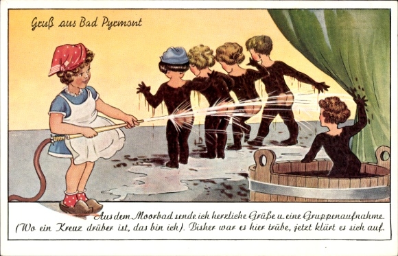 Postcard Bad Pyrmont, From the mud bath, group photo, humor