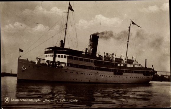 Postcard saloon express steamer Rugard of the Sassnitz line, shipping company Braeunlich Stettin