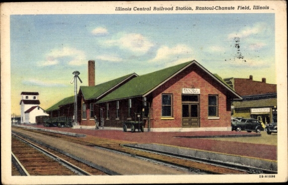 Postcard Rantoul Chanute Field Illinois USA, Illinois Central Railroad Station,