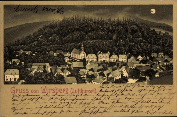 Moonlight Chromo-Litho Wirsberg in the Franconian Forest Bavaria, church, panorama of the place