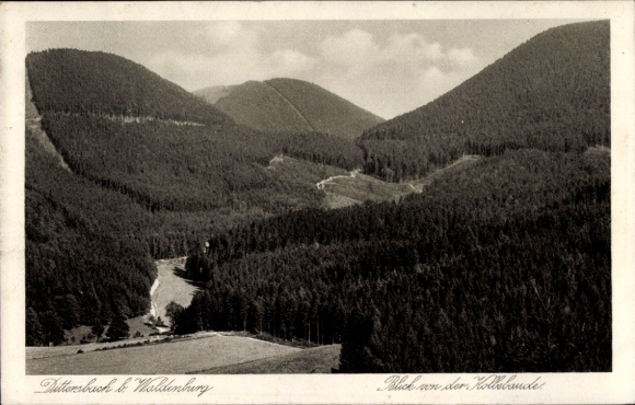 Postcard Waldenburg in Saxony, Dettersbach & view from the Klebande, hilly landscape