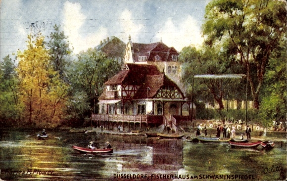 Artist Postcard Flower, Charles, Düsseldorf on the Rhine, Fisherman's House at the Schwanenspiegel