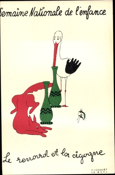 Postcard Semaine Nationale de l&#39;enfance, stork, fox and insect