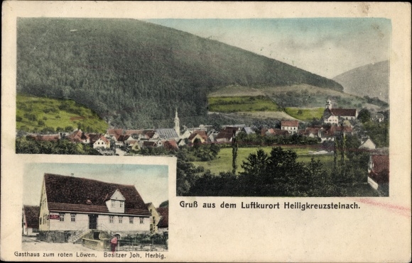 Postcard Heiligkreuzsteinach am Neckar, inn at the red lion, view of the town