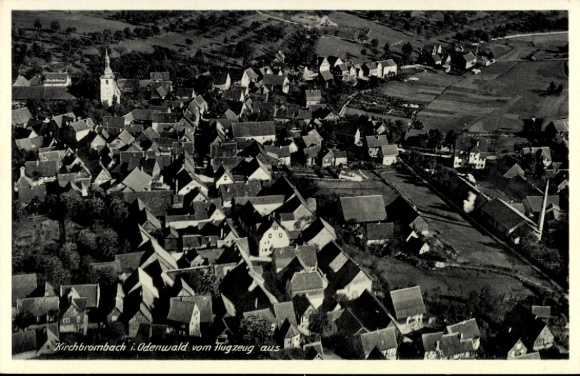 Postcard Kirchbrombach Brombachtal Odenwald, aerial view of Odenwald, houses, church, landscape
