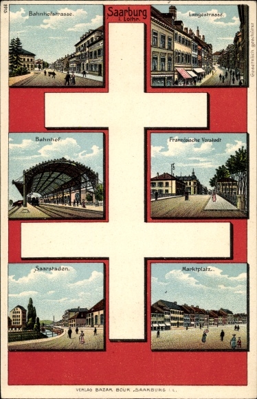 Herb lito Sarrebourg Saarburg Lorraine Moselle, Bahnhofstrasse, Langestrasse, dworzec kolejowy, rynek