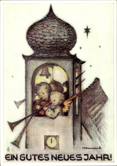 Artist Postcard Hummel, Berta, Happy New Year, Angel with Fanfares, No. 5430