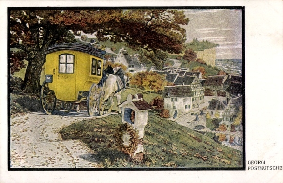 Artist Postcard Georgi, W., stagecoach, village