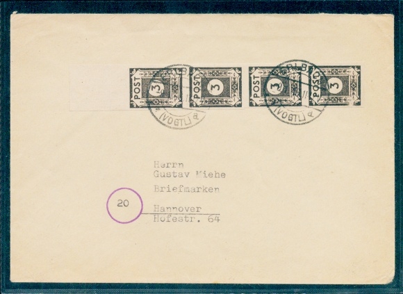 Michel No. 51 strip of 4 on cover, 1 stamp roughening, SBZ East Saxony