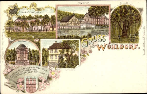litho Hamburg Wandsbek Wohldorf, Kupferhof, Hotel zum Waldhaus, herenhuis