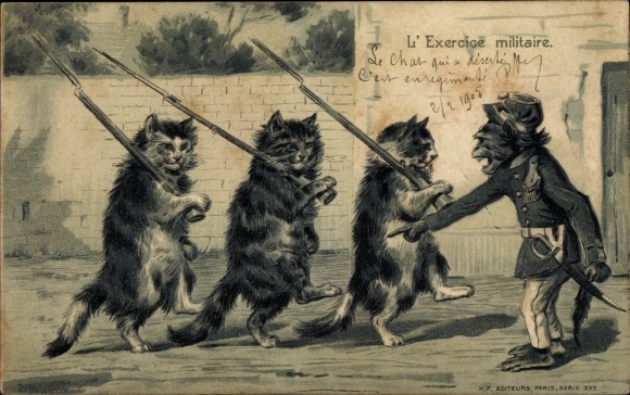 Postcard L&#39;Exercice militaire, humanized cats and chimpanzee, bayonets