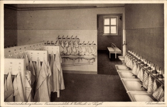 Postcard Erlbach in Vogtland Saxony, children's recreation home Tannenmühle, washroom
