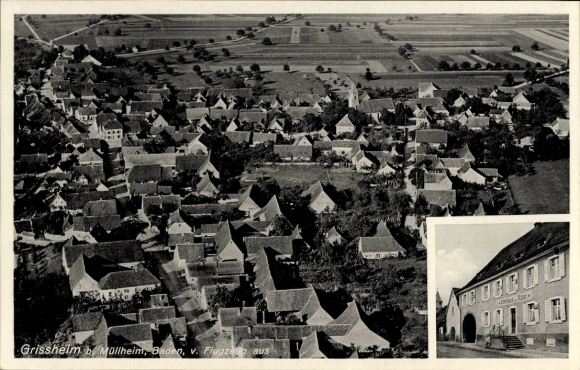 Postcard Grißheim Neuenburg am Rhein Baden, aerial photograph, Gasth. zum Adler