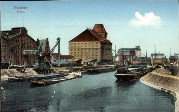 KP Duisburg w Zagłębiu Ruhry, port, dźwigi, statki
