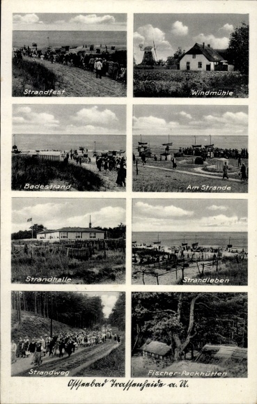 Postcard Trassenheide on Usedom, beach festival, fishermen's packing huts, windmill, beach path, beach hall