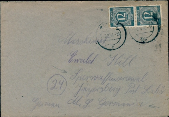List Anklam 1946, znaczek Deutsche Post 2x 12 Pfennig, do MS Germania, Sperrwaffenarsenal