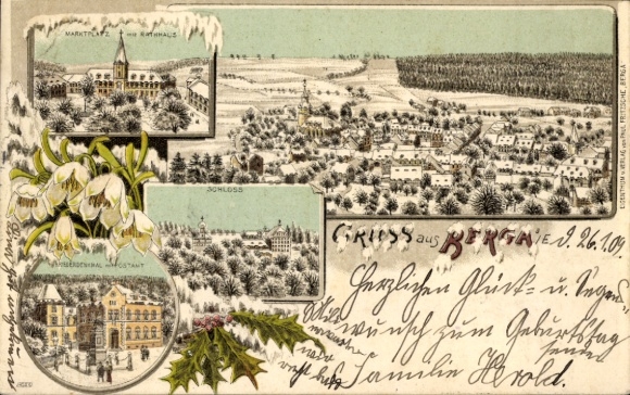 Winter Litho Berga an der Elster Thüringen, Marktplatz, Rathaus, Schloss, Postamt, Gesamtansicht