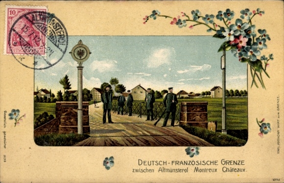 Chromo-Litho Montreux Vieux Altmünsterol Alsace Haut Rhin, German-French border, forget-me-not