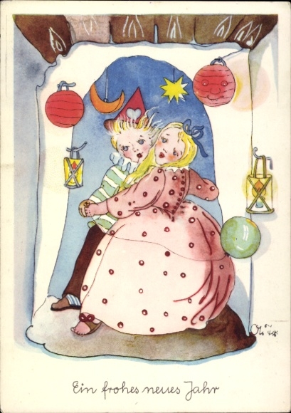 Artist Postcard Happy New Year, dancing children, costumes
