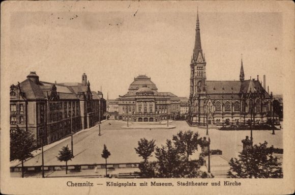 Ak Chemnitz in Sachsen, Königsplatz, Museum, Stadttheater, Kirche, s Gebäude