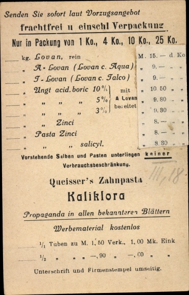PC Hamburg Eimsbüttel, Queisser&#39;s Kaliklora toothpaste, order card, advertising, Queisser &amp; Co GmbH