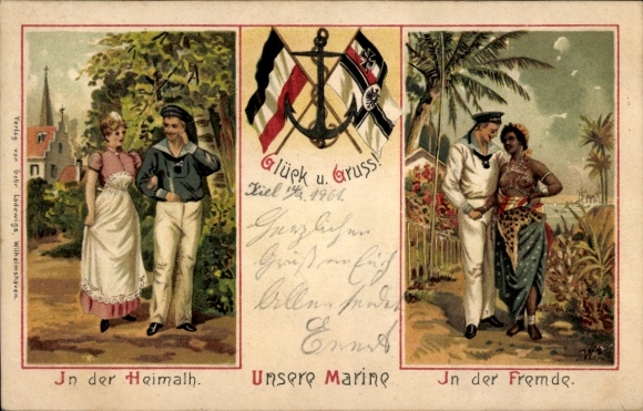 Embossed Chromo-Litho German Navy, Sailor with Women at Home and Abroad, Flags