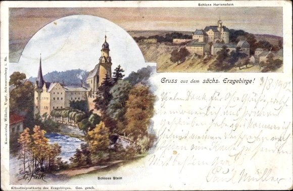 Artist PC Falk, G., Stein Hartenstein in the Erzgebirge of Saxony, castles
