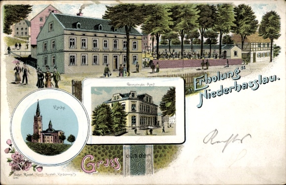 Chromo-Litho Niederhaßlau Wilkau Haßlau in Saxony, inn for relaxation, church, community office