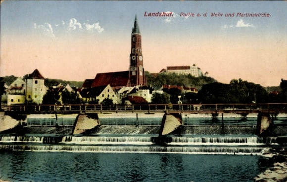 Postcard Landshut in Lower Bavaria, part of the weir with St. Martin's Church