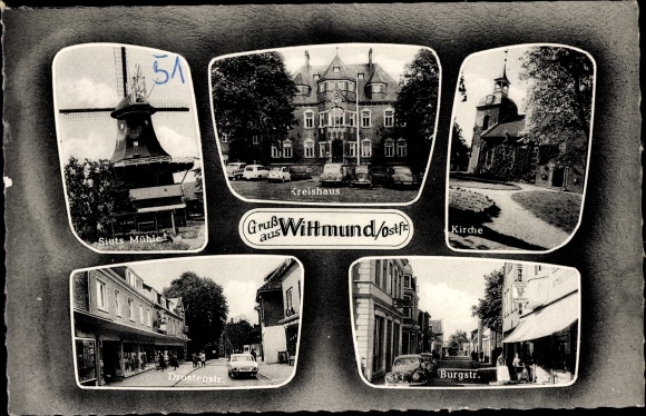 Postcard Wittmund in Ostfriesland, Church, Burgstrasse, District House, Siuts Mühle, Drostenstrasse