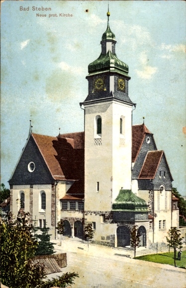 Postcard Bad Steben in Upper Franconia, New Protestant Church, bright colors, blue sky