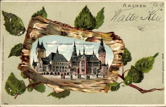 Birchwood Chromo-Litho Postcard Aachen, Town Hall, administrative building from Chorusplatz