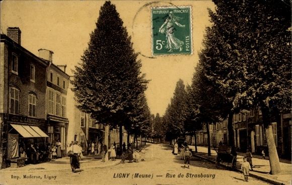 PC Ligny Meuse, street with trees, people, houses, postmark, French stamp