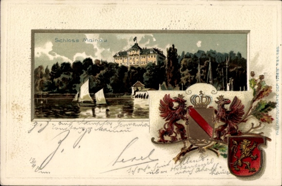 Präge Wappen Litho Insel Mainau im Bodensee, Blick auf das Schloss