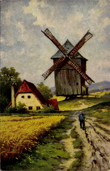 Artist Postcard Hoy, W., Windmill II., Farmer, Scythe