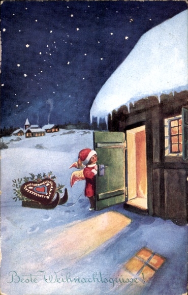 Ak gefeliciteerd Kerstmis, engel met peperkoek op een slee
