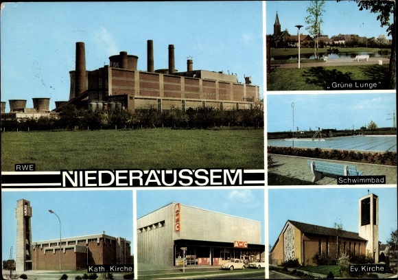 Postcard Niederaußem Bergheim an der Erft, RWE, Green Lung, Catholic Church, Evangelical Church