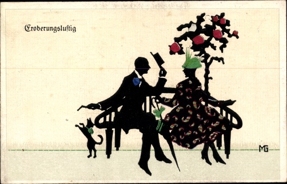 Paper cut Postcard Graf, Marte, Fasto silhouettes, lovers, bouquet of roses, bench