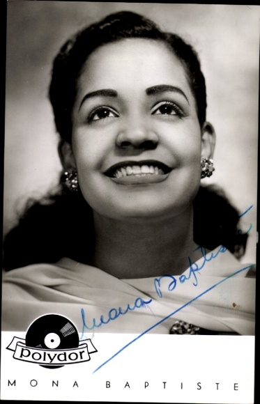 Postcard singer and actress Mona Baptiste, portrait, Polydor records, autograph