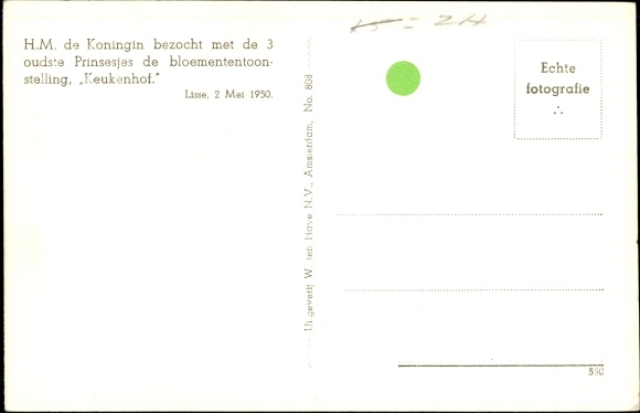 Postcard Queen Juliana of the Netherlands, flower exhibition, Lisse 1950
