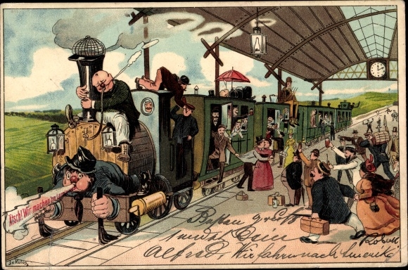 Artist Chromo-Litho Railway in the station, travellers, Etsch, we&#39;re going on a country trip